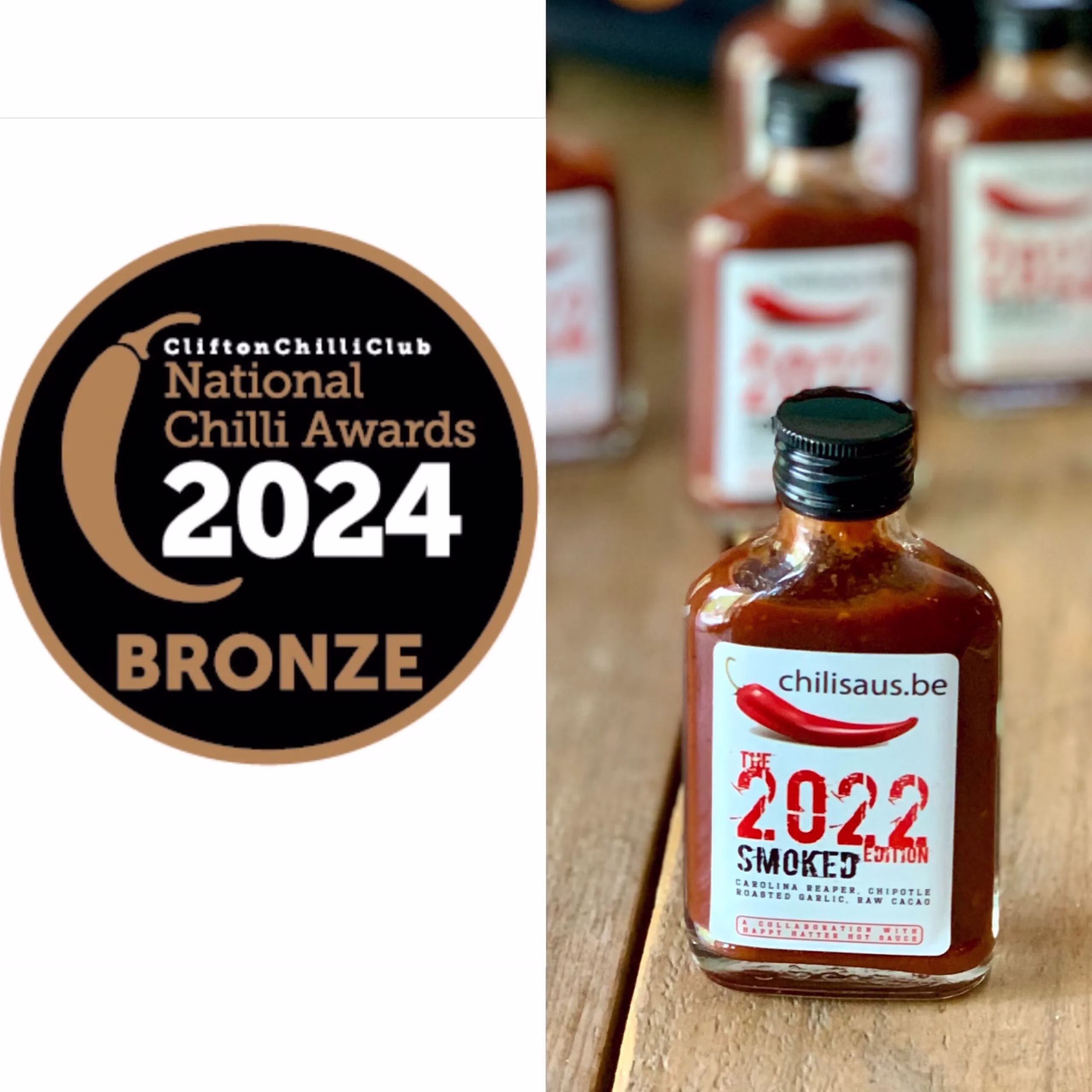 The 2022 Edition “CHOCOLATE SMOKED” hot sauce bottle - This is the 2nd sauce launched by Chilisaus.be – a collaboration project with the one and only Happy Hatter Hot Sauce.
Fresh Carolina Reapers, smoked Chipotle pods, French smoked Garlic & red bell peppers, oven roasted for a natural sweetness, raw cacao for that velvety chocolate finish – finished off with fresh lime, ginger & Provençale herbs.
A real taste explosion.
